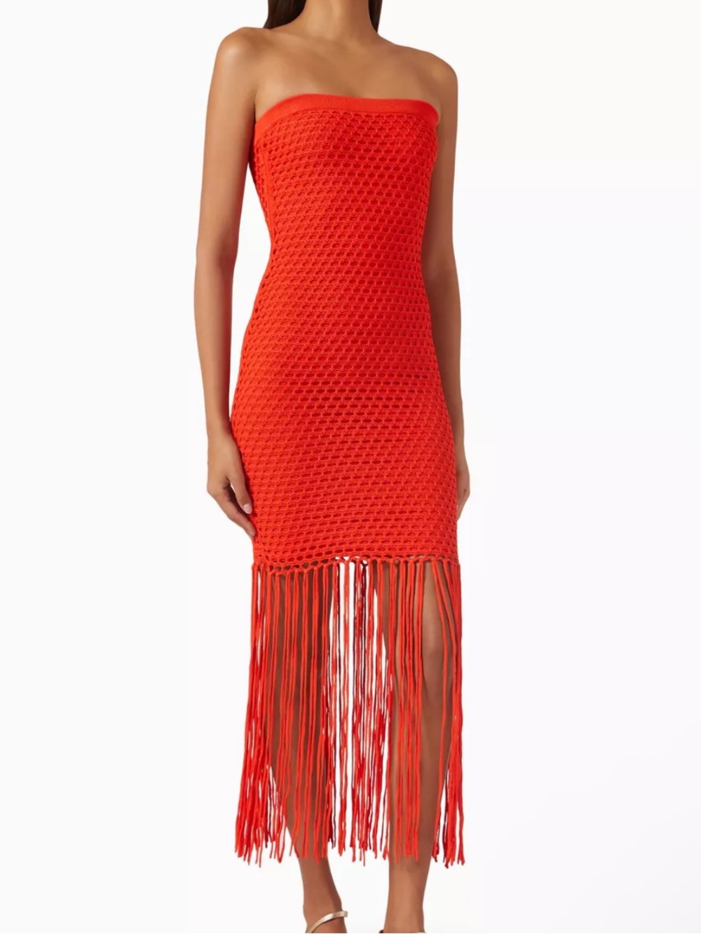 PQ Swim Strapless Red Crochet Fringe Midi Dress